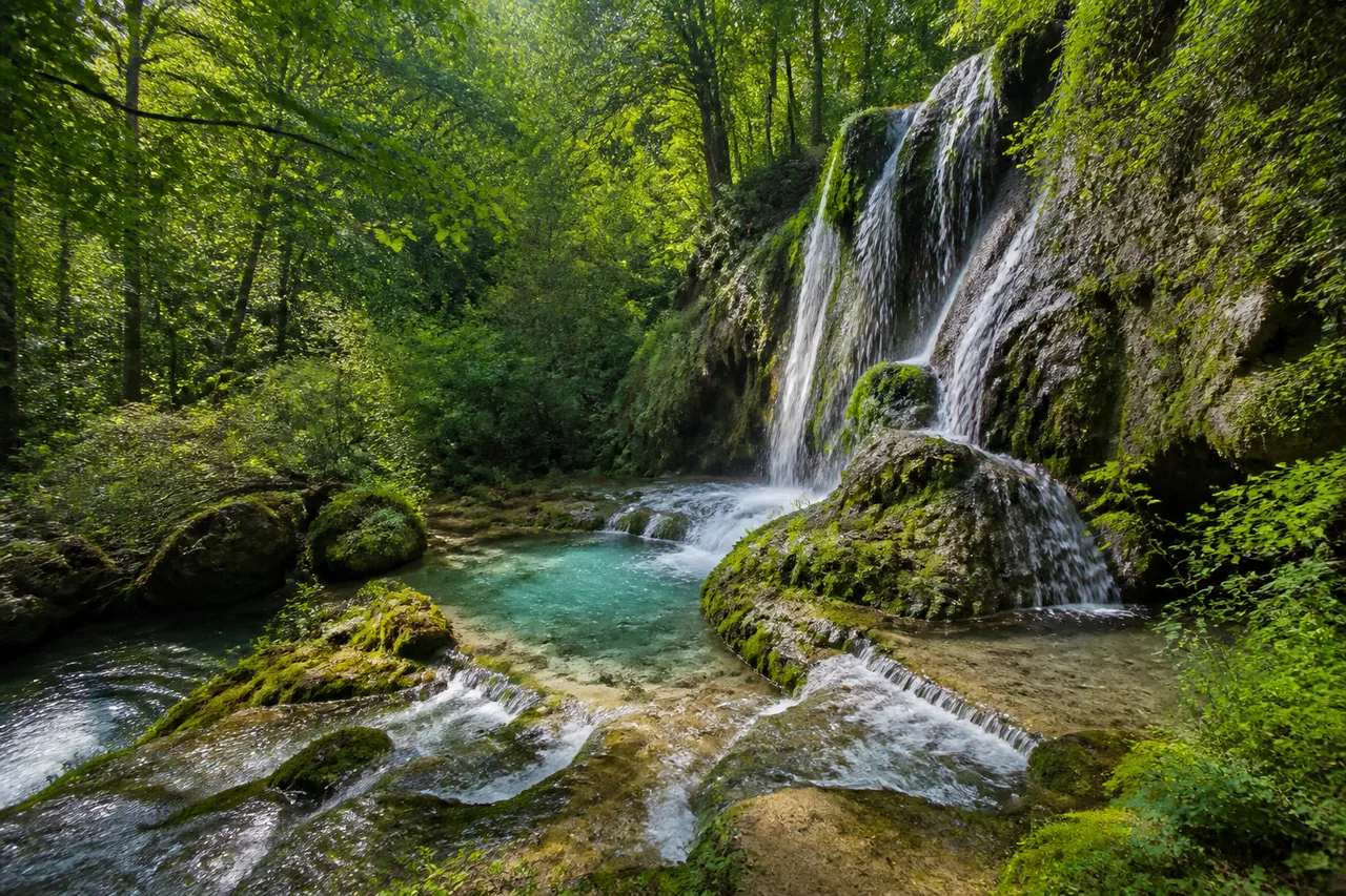 A waterfall flowing through a lush Croatian forest