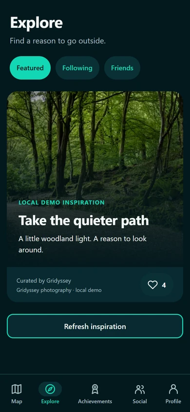 Actual Gridyssey Explore screen with fictional demonstration records